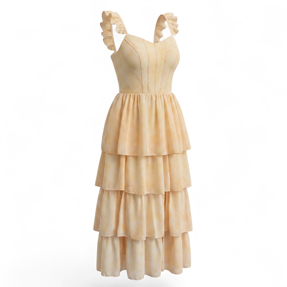 Ao Yan Butter Yellow Tiered Ruffled Maxi‎ Formal Dress Prom Gown NWT Size S